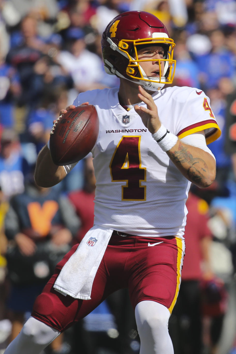 Washington Football Team quarterback Taylor Heinicke (4) throws a pass during the first half of an NFL football game against the Buffalo Bills on Sunday, Sept. 26, 2021, in Orchard Park, N.Y. (AP Photo/Jeffrey T. Barnes)