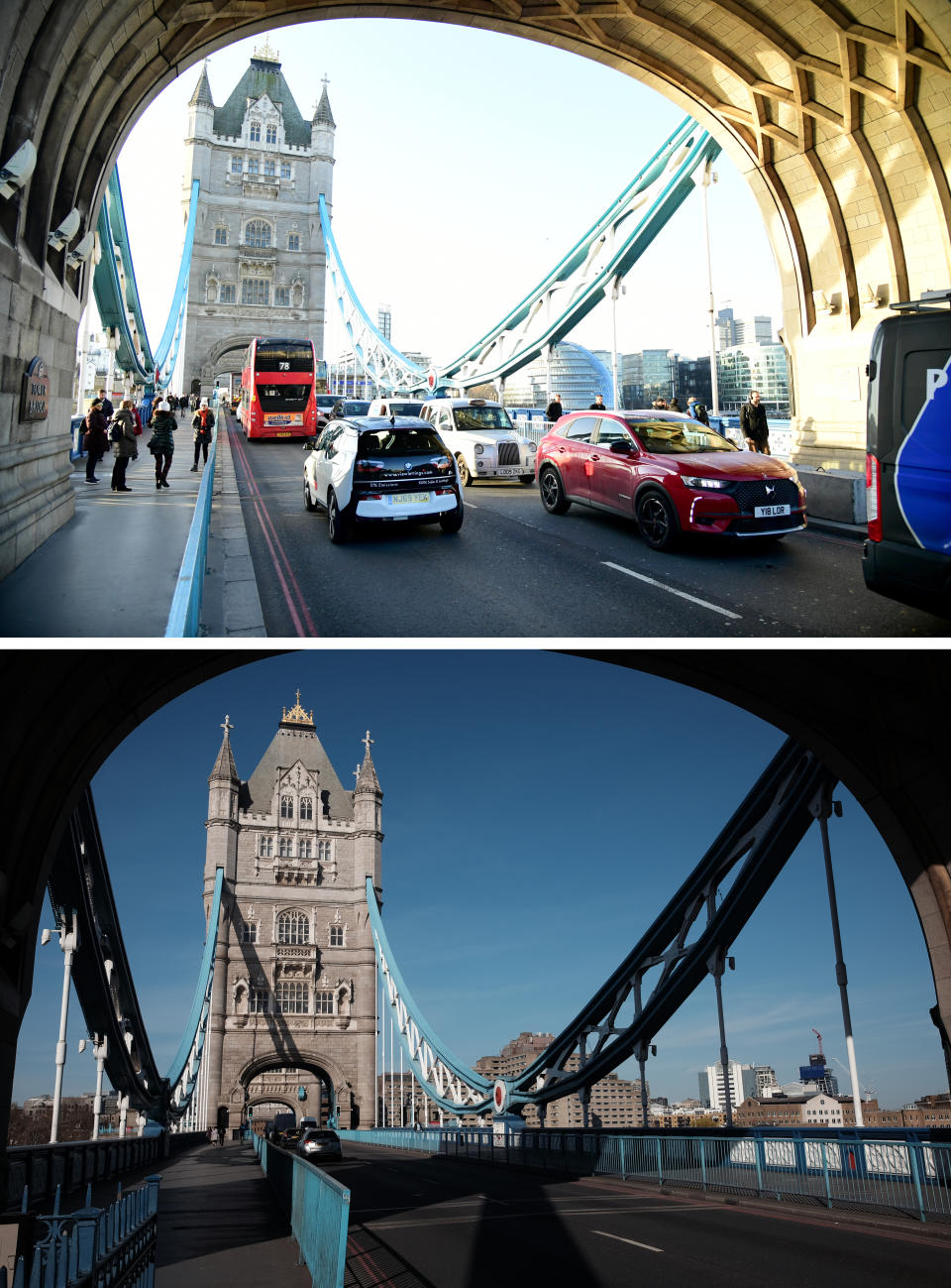 Tower Bridge on a normal day and during lockdown (Yui Mok/Ian West/PA)