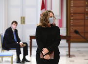 Chrystia Freeland stands to be sworn in as Finance Minister during a swearing-in ceremony following a cabinet shuffle at Rideau Hall in Ottawa on Tuesday, August 18, 2020. (Sean Kilpatrick/The Canadian Press via AP)