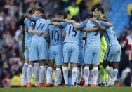 Britain Soccer Football - Manchester City v Southampton - Premier League - Etihad Stadium - 23/10/16 Manchester City players huddle after the game Reuters / Phil Noble Livepic EDITORIAL USE ONLY. No use with unauthorized audio, video, data, fixture lists, club/league logos or "live" services. Online in-match use limited to 45 images, no video emulation. No use in betting, games or single club/league/player publications. Please contact your account representative for further details.