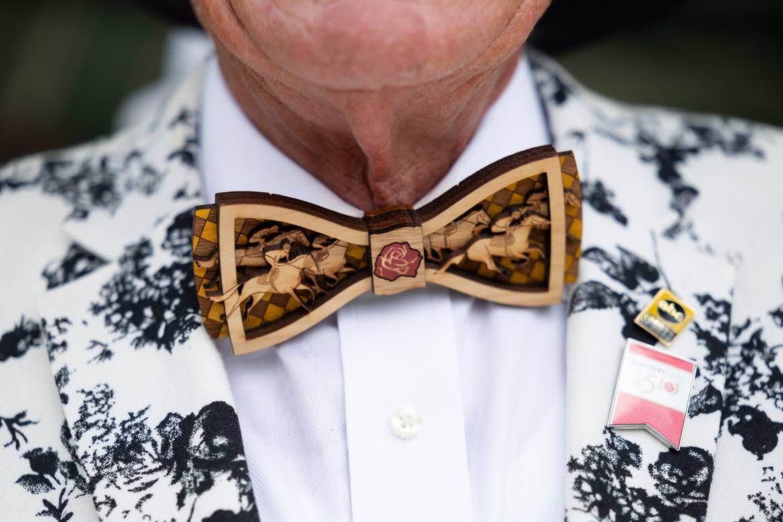 A bowtie made out of wood was not to hard to miss on Kentucky Derby Day at Churchill Downs in Louisville, Ky, Saturday, May 4, 2024. Silas Walker/swalker@herald-leader.com