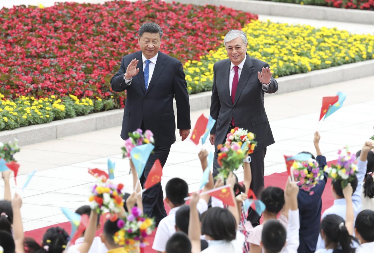 Chinese President Xi Jinping holds a welcoming ceremony for visiting Kazakh President Kassym-Jomart Tokayev before their talks at the Great Hall of the People in Beijing, capital of China, Sept. 11, 2019.