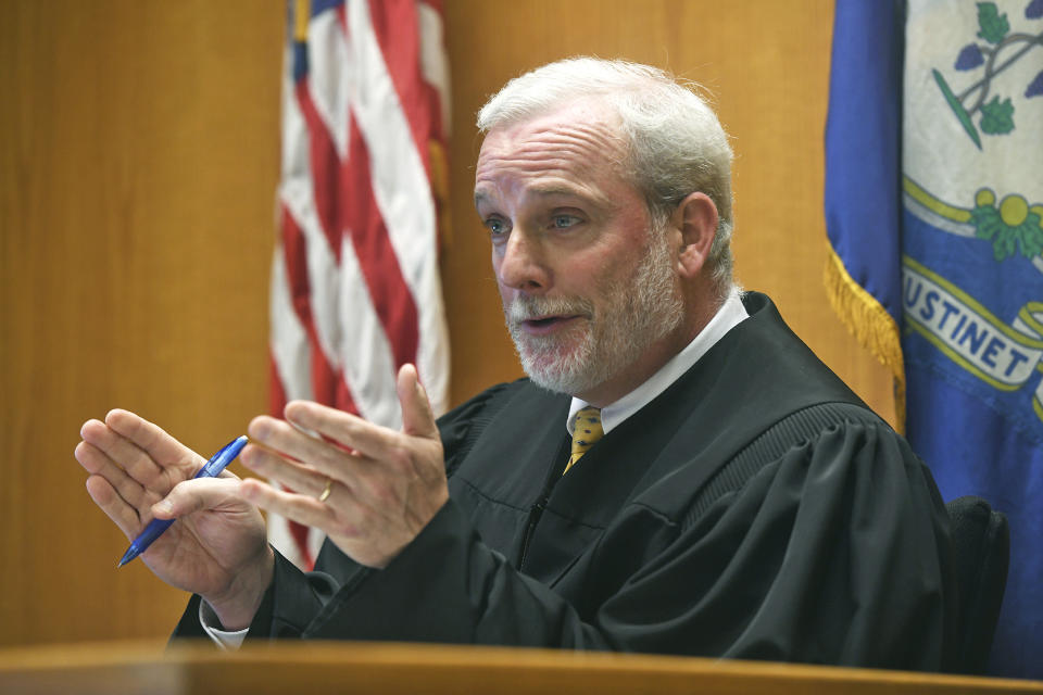 Judge William Clark presides over a hearing in Bridgeport Superior Court, in Bridgeport, Conn., Monday, Sept. 25, 2023. (Ned Gerard/Hearst Connecticut Media via AP, Pool)