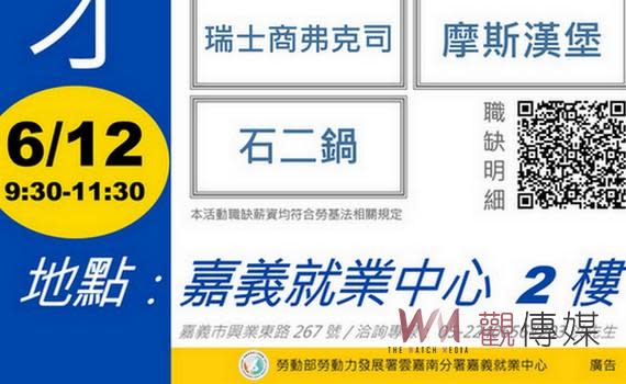 (觀傳媒嘉義新聞)【記者任禮清/嘉義報導】王品集團旗下兩大熱門品牌「尬鍋」與「和牛涮」，七月將插旗嘉義市，計釋出60個職缺，勞動部雲嘉南分署嘉義就業中心協助求職媒合，將於6月12、14、26日共辦理3場徵才活動，地點皆在嘉義就業中心2樓，涵蓋製造業、餐飲服務業、保全業與批發業等16家廠商，提供610個工作機會，餐飲服務業主管薪資更上看50K，歡迎畢業生及求職民眾踴躍前往，把握求職機會。