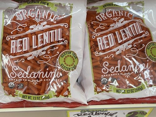 bags of trader joe's red lentil pasta on the shelves