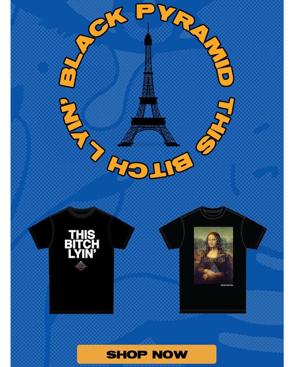 One of the shirts includes an image of the Mona Lisa with the phrase stamped on top.