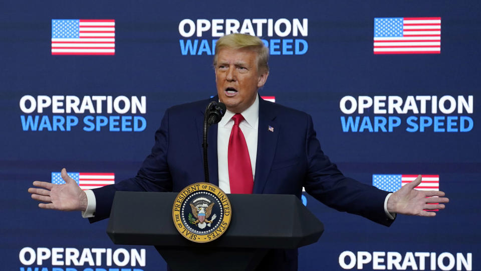 FILE - In this Tuesday, Dec. 8, 2020, file photo, then-President Donald Trump speaks during an "Operation Warp Speed Vaccine Summit" on the White House complex, in Washington. In President Joe Biden's war against the coronavirus, former President Trump hardly exists. (AP Photo/Evan Vucci, File)