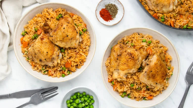 Bowls of chicken and rice