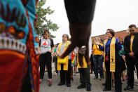 <p>Marchers participate in an interfaith prayer service in Boston before marching against a planned ‘Free Speech Rally’ just one week after the violent ‘Unite the Right’ rally in Virginia left one woman dead and dozens more injured on August 19, 2017 in Boston, Mass. (Photo: Spencer Platt/Getty Images) </p>