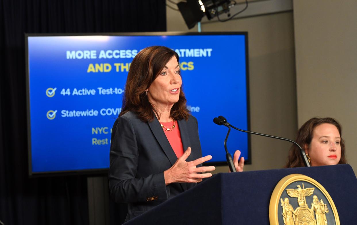 New York Governor Kathy Hochul, joined by State Health Commissioner Dr. Mary Bassett, Commissioner Jackie Bray of NYS DHSES, and Director of State Operations Kathryn Garcia, updates New Yorkers on Covid-19, Monkeypox, and the extremely hot temperatures in New York City Wednesday, July 20, 2022. 