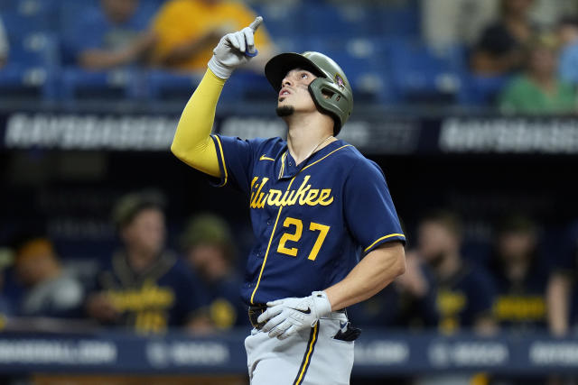 Milwaukee Brewers' Rowdy Tellez (11) celebrates his two-run home run off  Tampa Bay Rays' Cooper Criswell with Darin Ruf during the fourth inning of  a baseball game Sunday, May 21, 2023, in