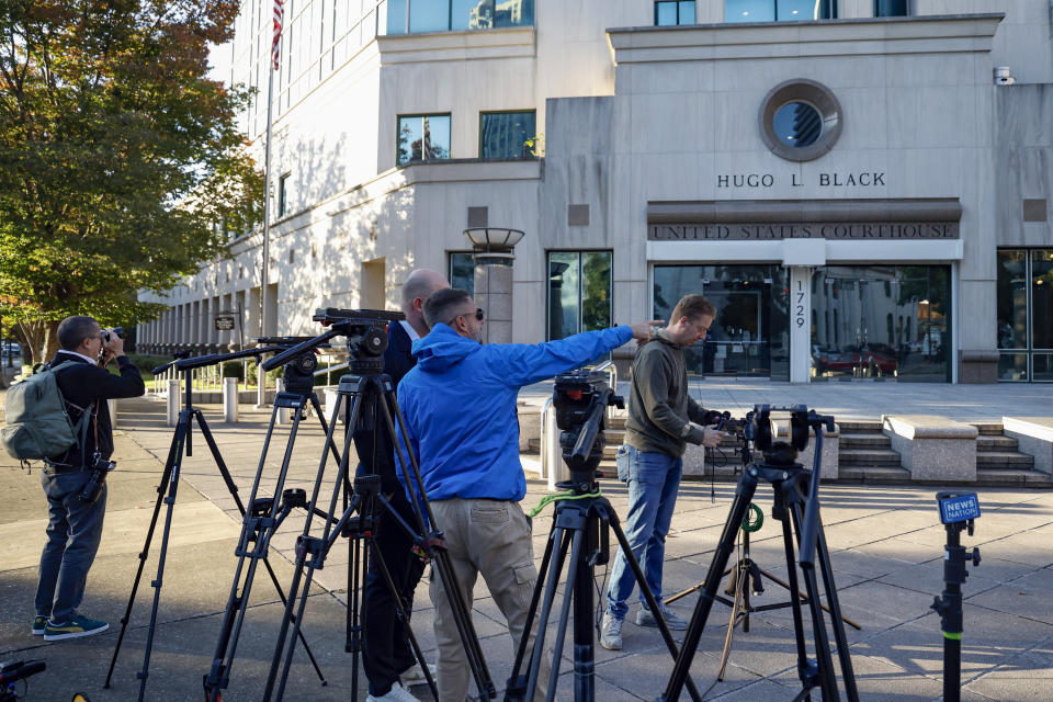 Media sets up to cover Joran van der Sloot outside the Hugo Black Federal Courthouse Wednesday, Oct. 18, 2023, in Birmingham, Ala. The chief suspect in Natalee Holloway’s 2005 disappearance is scheduled to appear in court. He is expected to plead guilty Wednesday to trying to extort money from her mother and provide new information about what happened to the missing teen. (AP Photo/Butch Dill )