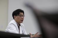 Hyukmin Lee, a professor at Yonsei University of College of Medicine, speaks during an interview in Seoul, South Korea, Monday, May 25, 2020. As South Korea significantly relaxes its rigid social distancing rules as a result of waning coronavirus cases, the world is paying close attention to whether it can return to something that resembles normal or face a virus resurgence. The tried and tested methods of aggressive tracing, testing and treatment and the widespread public use of masks again played a major role in preventing the outbreak in Itaewon from exploding, said Lee. (AP Photo/Lee Jin-man)