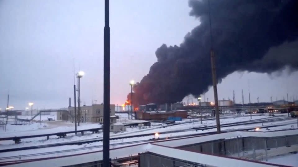 Smoke billows after Ukraine's SBU drone strikes a refinery, amid Russia's attack on Ukraine, in Ryazan, Ryazan Region, Russia, in this screen grab from a video obtained by Reuters, March 13, 2024. - Video obtained by Reuters