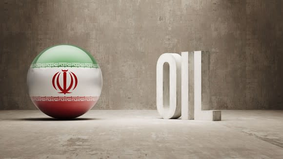 A sphere with the Iranian flag next to the word oil.