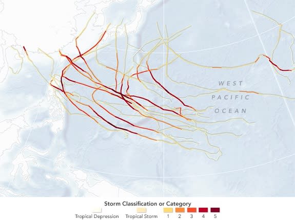 A map showing the storms that hit the West Pacific Ocean and parts of Asia.