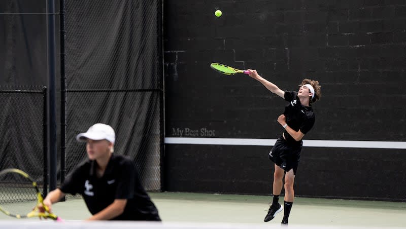 Luke Miller and Ashton Cahoon of Lone Peak compete against Jaden Peck and Andrew Allen of Skyridge in the 6A first doubles match of the UHSAA boys tennis championships at Liberty Park in Salt Lake City on Saturday, May 11, 2024.