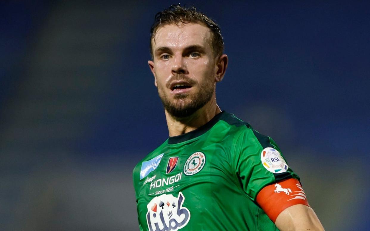 Jordan Henderson of Al-Ettifaq reacts during the Saudi Pro League match between Al-Ettifaq and Damak at Prince Mohamed bin Fahd Stadium on September 02, 2023 in Ad Dammam, Saudi Arabia