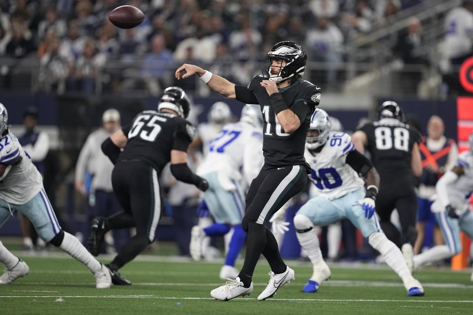 Philadelphia Eagles' Gardner Minshew thorws a pass during the second half of an NFL football game against the Dallas Cowboys Saturday, Dec. 24, 2022, in Arlington, Texas. (AP Photo/Tony Gutierrez)