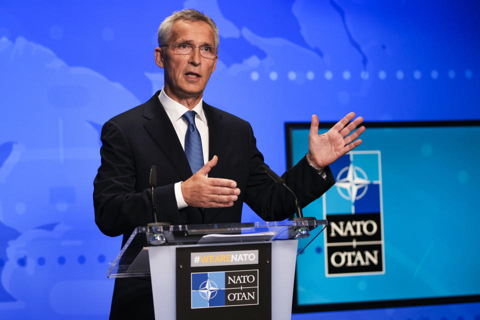 NATO Secretary General Jens Stoltenberg gestures during an online news conference following a NATO Foreign Ministers video meeting following developments in Afghanistan at the NATO headquarters in Brussels, Friday, Aug. 20, 2021. NATO Foreign Ministers are meeting in a videoconference to assess the chaotic situation in Afghanistan and coordinate efforts to get nationals and key local staff out of the country. (AP Photo/Francisco Seco, Pool)