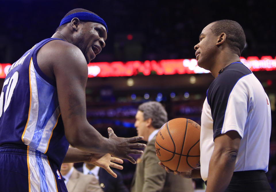 Memphis Grizzlies forward Zach Randolph (50) talks to an officials during the second quarter of an NBA basketball game against Oklahoma City Thunder on Monday, Feb. 3, 2014, in Oklahoma City. (AP Photo/Alonzo Adams)