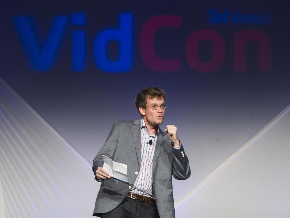 In this Thursday, June 28, 2012 photo, VidCon cofounder, author John Green delivers the opening address for the third annual VidCon conference and community gathering for online video in Anaheim, Calif. More than 6,000 people are expected to attend VidCon at the Anaheim Convention Center this weekend. (AP Photo/Damian Dovarganes)