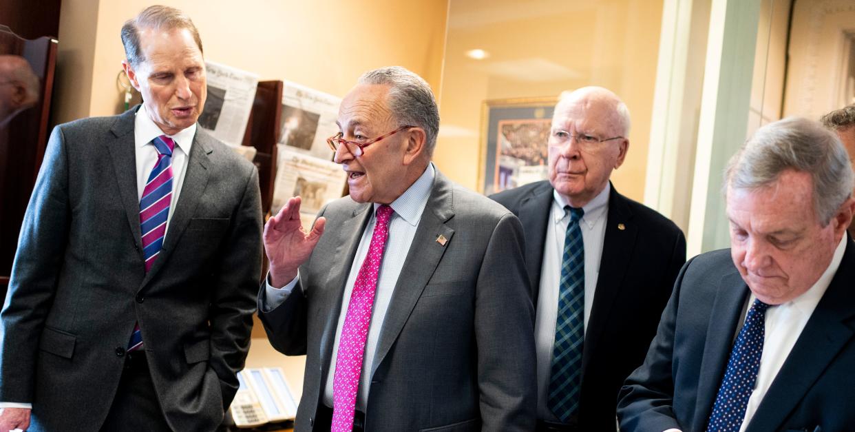Democratic senators ― including (from left) Ron Wyden (Ore.), Chuck Schumer (N.Y.), Patrick Leahy (Vt.) and Dick Durbin (Ill.) ―&nbsp;complained about the treatment of rideshare drivers and various other unemployment claimants. (Photo: Bill Clark via Getty Images)