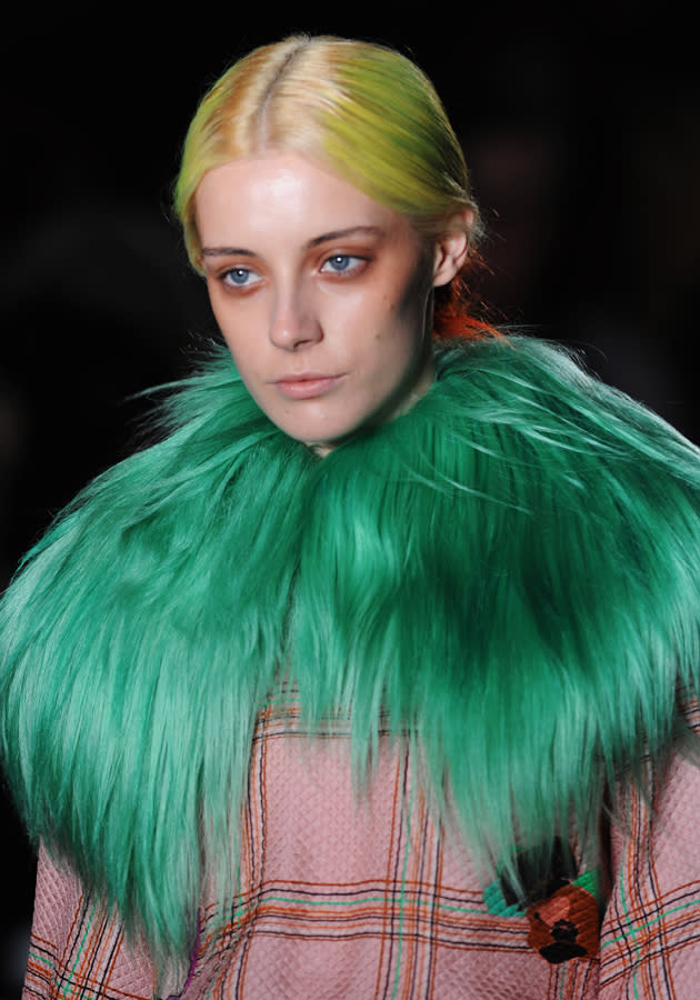 <b>LFW AW13: Roksanda Illincic</b><br><br>Models showcased pastel coloured eye make up against the statement fashion.<br><br>© Getty