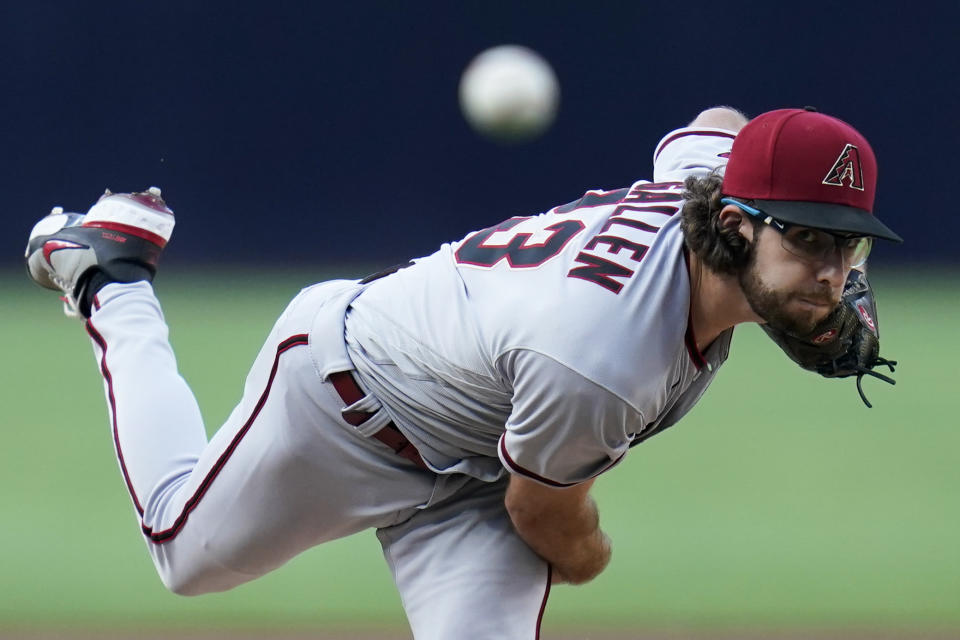 Arizona Diamondbacks starting pitcher Zac Gallen works against a San Diego Padres batter during the first inning of a baseball game Tuesday, June 21, 2022, in San Diego. (AP Photo/Gregory Bull)