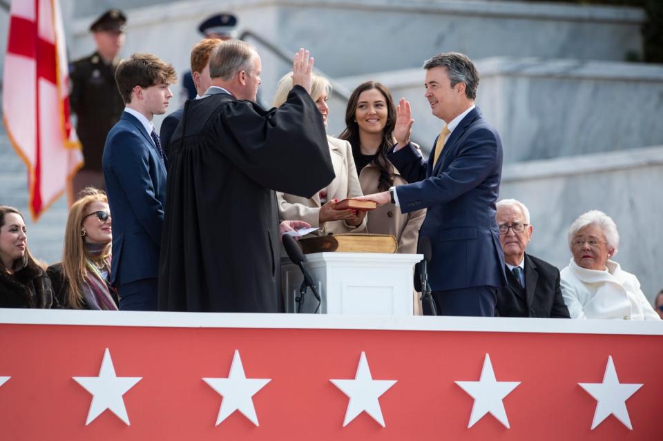 Attorney General Steve Marshall is sworn in during Inauguration Day on the steps of the Alabama State Capital Building in Montgomery, Ala., on Monday, Jan. 16, 2023.