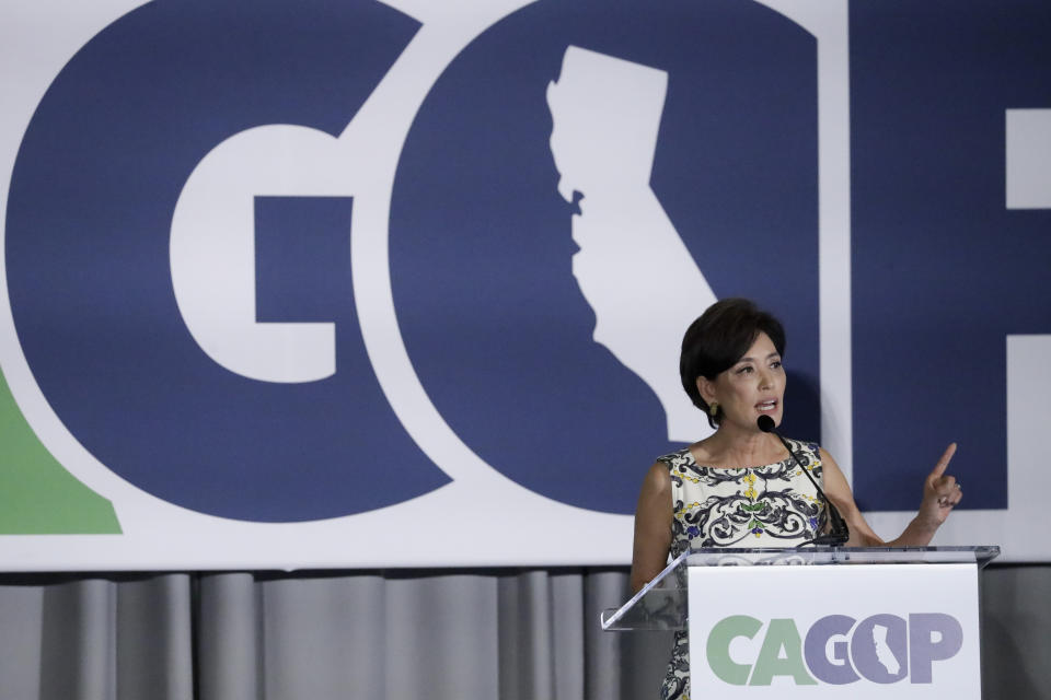 Young Kim, Republican candidate for the 39th Congressional District speaks during the California GOP fall convention on Sept. 7, 2019, in Indian Wells, Calif. (AP Photo/Chris Carlson)