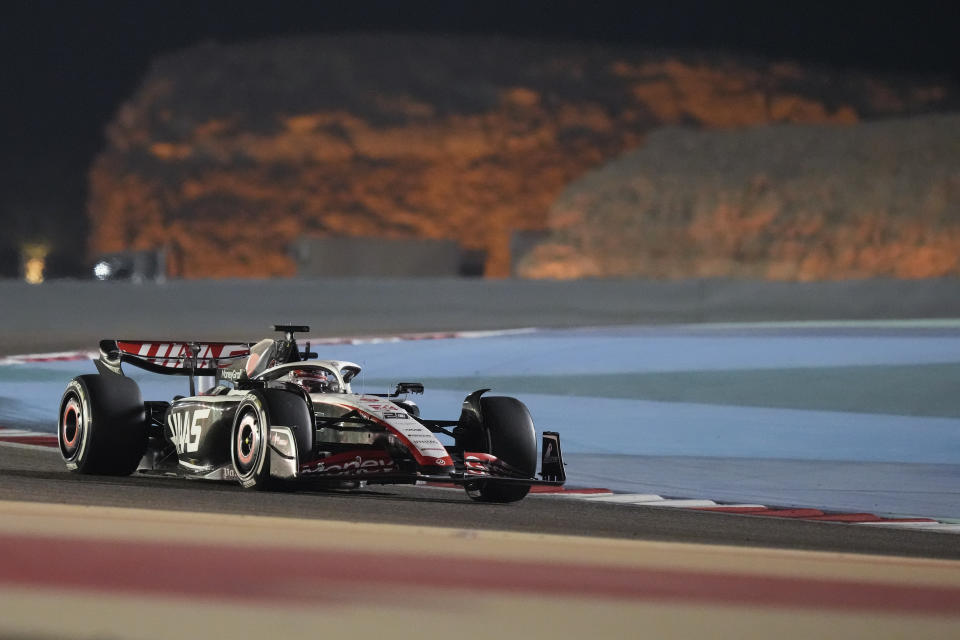 Haas driver Kevin Magnussen of Denmark in action during the Formula One Bahrain Grand Prix at Sakhir circuit, Sunday, March 5, 2023. (AP Photo/Frank Augstein)