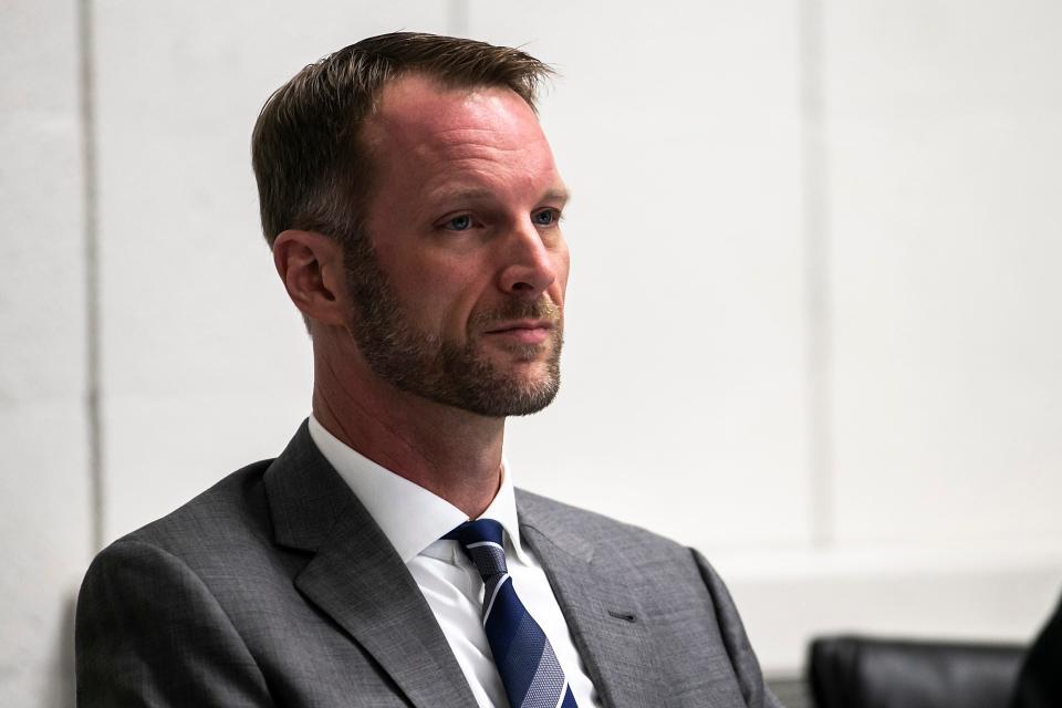 Eric Goers, city attorney, listens during a council meeting, Tuesday, Jan. 24, 2023, at the Emma J. Harvat Hall inside City Hall in Iowa City, Iowa.