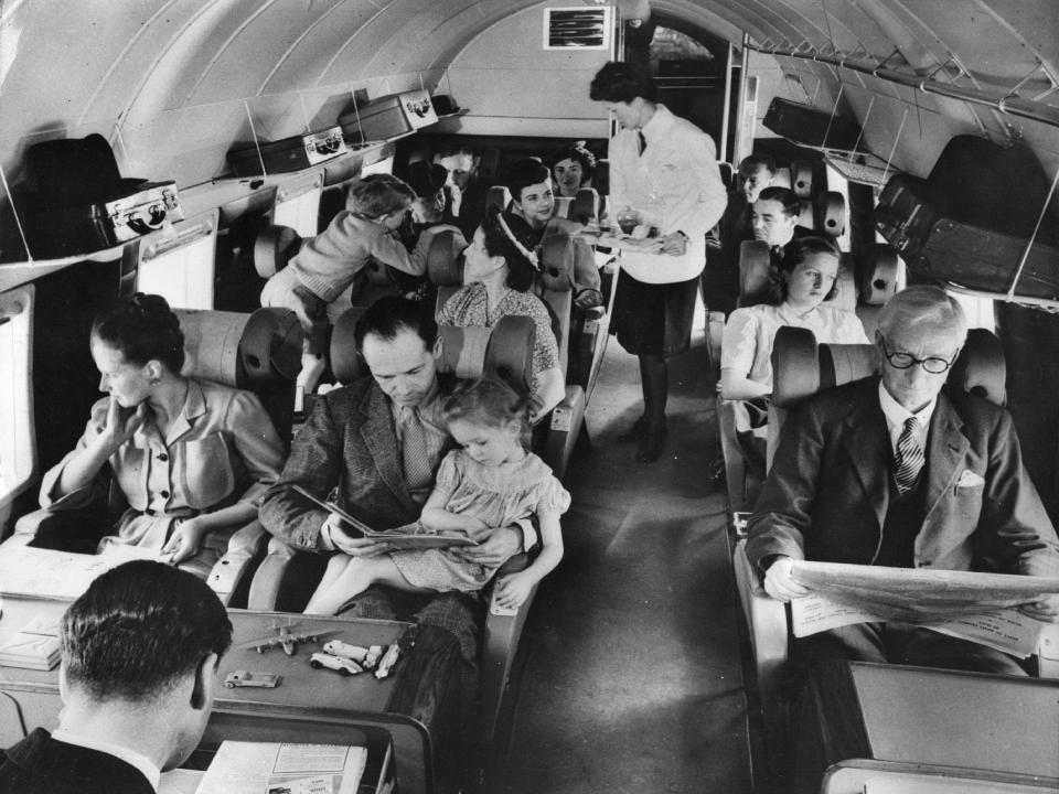 Interior of a British European Airways' Vickers airliner showing the passenger section.
