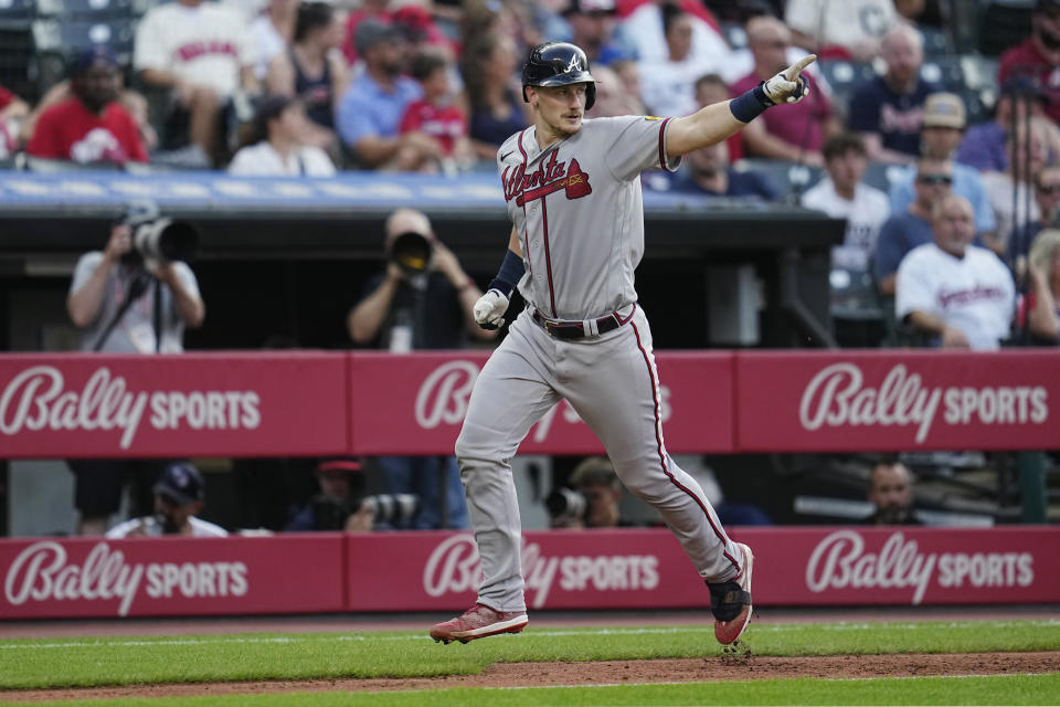 Atlanta Braves' Sean Murphy gestures as he runs toward home plate on a home run against the Cleveland Guardians during the third inning of a baseball game Wednesday, July 5, 2023, in Cleveland. (AP Photo/Sue Ogrocki)