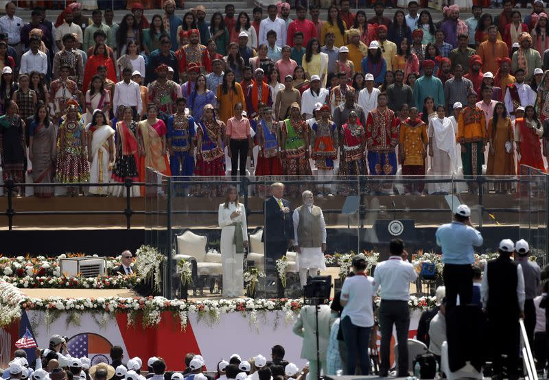 U.S. President Donald Trump and first lady Melania Trump attend the "Namaste Trump" event with Indian Prime Minister Narendra Modi at Sardar Patel Gujarat Stadium, in Ahmedabad