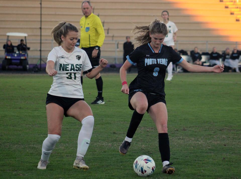 Ponte Vedra forward Jenny Dearie (9) controls the ball against Nease during a district championship girls soccer game.