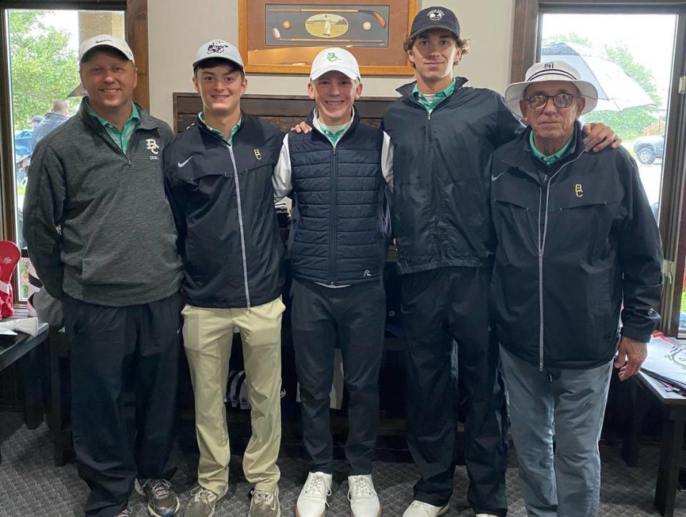 Bishop Carroll junior Noah Holtzman (center) was the Class 5A individual champion after Tuesday’s round was rained out in Winfield.