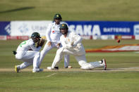 Zimbabwean batsman Brendan Taylor plays a shot during the second test cricket match against Pakistan at Harare Sports Club, Sunday, May, 9, 2021.(AP Photo/Tsvangirayi Mukwazhi)