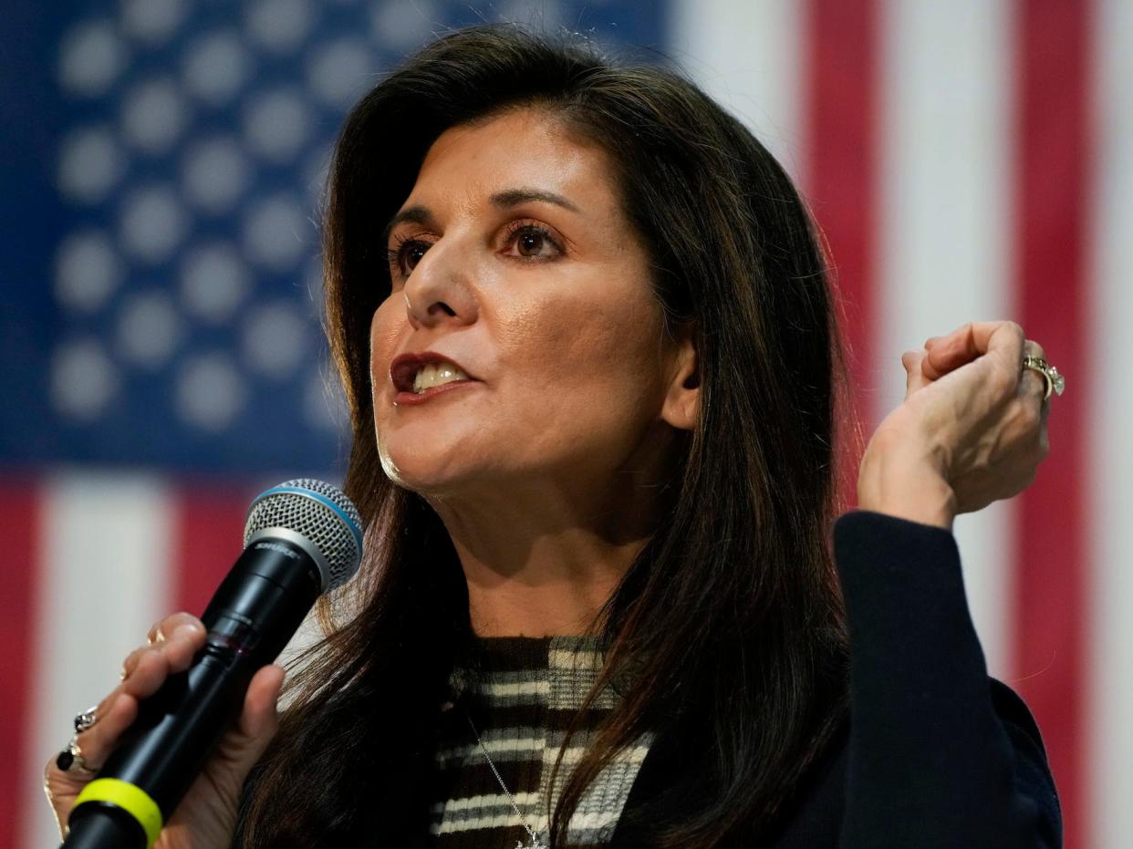 Republican presidential candidate Nikki Haley speaks to voters at a town hall campaign event, Monday, February 20, 2023, in Urbandale, Iowa.