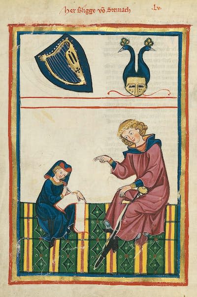 Scribes, who were trained in writing, used to write down stories or ideas that the author told them. <a href="https://commons.wikimedia.org/wiki/File:Codex_Manesse_Bligger_von_Steinach.jpg" rel="nofollow noopener" target="_blank" data-ylk="slk:UB Heidelberg/Wikimedia Commons;elm:context_link;itc:0;sec:content-canvas" class="link ">UB Heidelberg/Wikimedia Commons</a>