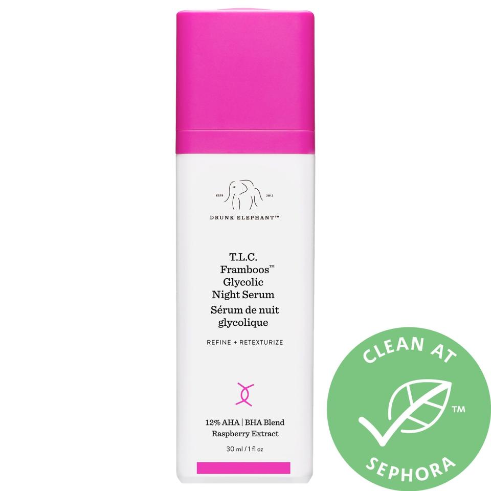 <p><a href="https://go.redirectingat.com?id=74968X1596630&url=https%3A%2F%2Fwww.sephora.com%2Fproduct%2Ft-l-c-framboos-tm-glycolic-night-serum-P392246&sref=https%3A%2F%2F" rel="nofollow noopener" target="_blank" data-ylk="slk:Shop Now;elm:context_link;itc:0;sec:content-canvas" class="link ">Shop Now</a></p><p>T.L.C. Framboos Glycolic Resurfacing Night Serum</p><p>$90.00</p><p>sephora.com</p><span class="copyright">Drunk Elephant</span>