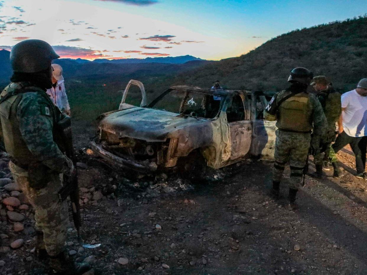 The burned wreckage of a car where some of the nine murdered members of a family were killed during an ambush in Bavispe, Sonora mountains, Mexico: AFP/Getty