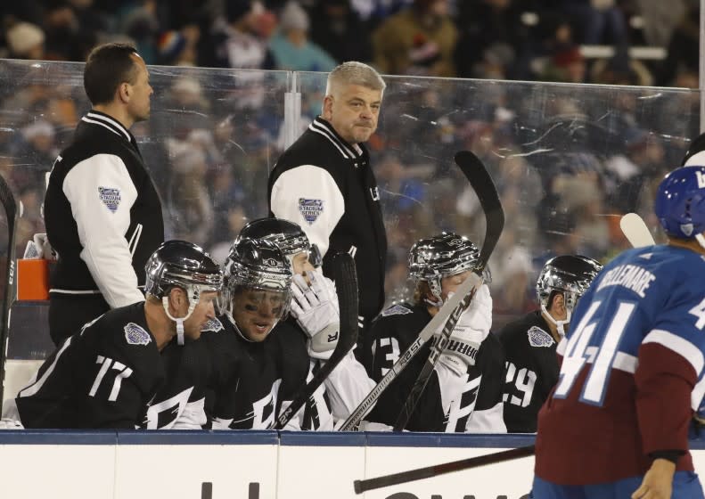 Los Angeles Kings head coach Todd McLellan in the first period of an NHL hockey game Saturday, Feb. 15, 2020, at Air Force Academy, Colo. (AP Photo/David Zalubowski)