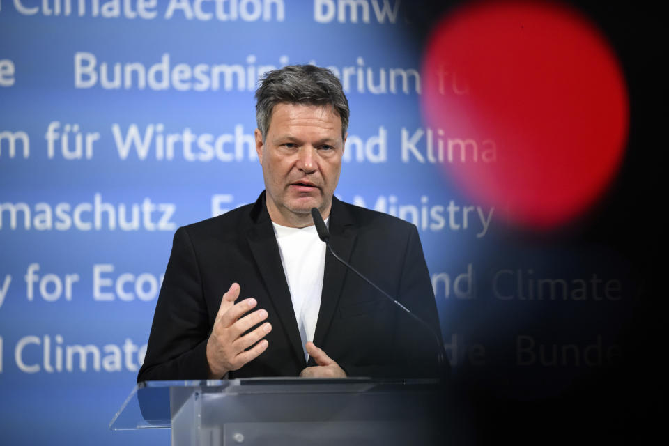 Robert Habeck, Federal Minister for Economic Affairs and Climate Protection, speaks at a press conference following the virtual G7 energy ministers' meeting at the Federal Ministry for Economic Affairs and Climate Protection in Berlin, Germany, Monday, March 28, 2022. The G7 energy ministers met today at the invitation of Vice Chancellor Habeck for a short-term virtual switch and discussed the current situation surrounding the war in Ukraine. (Bernd von Jutrczenka/dpa via AP)