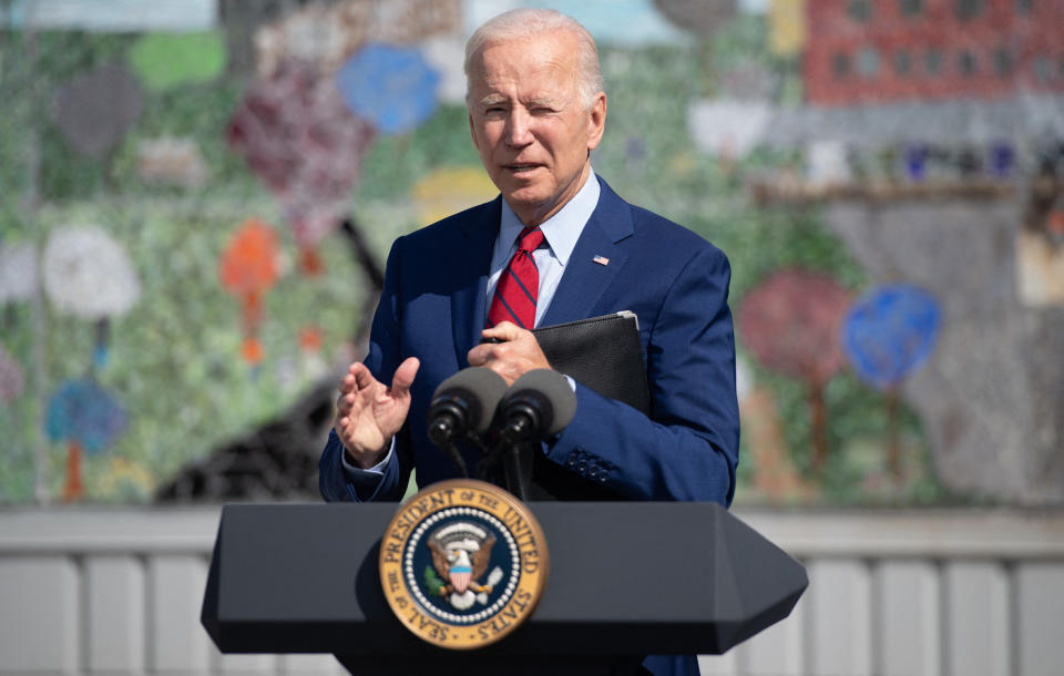 US President Joe Biden speaks about coronavirus protections in schools during a visit to Brookland Middle School in Washington, DC, September 10, 2021. (Photo by SAUL LOEB / AFP) (Photo by SAUL LOEB/AFP via Getty Images)