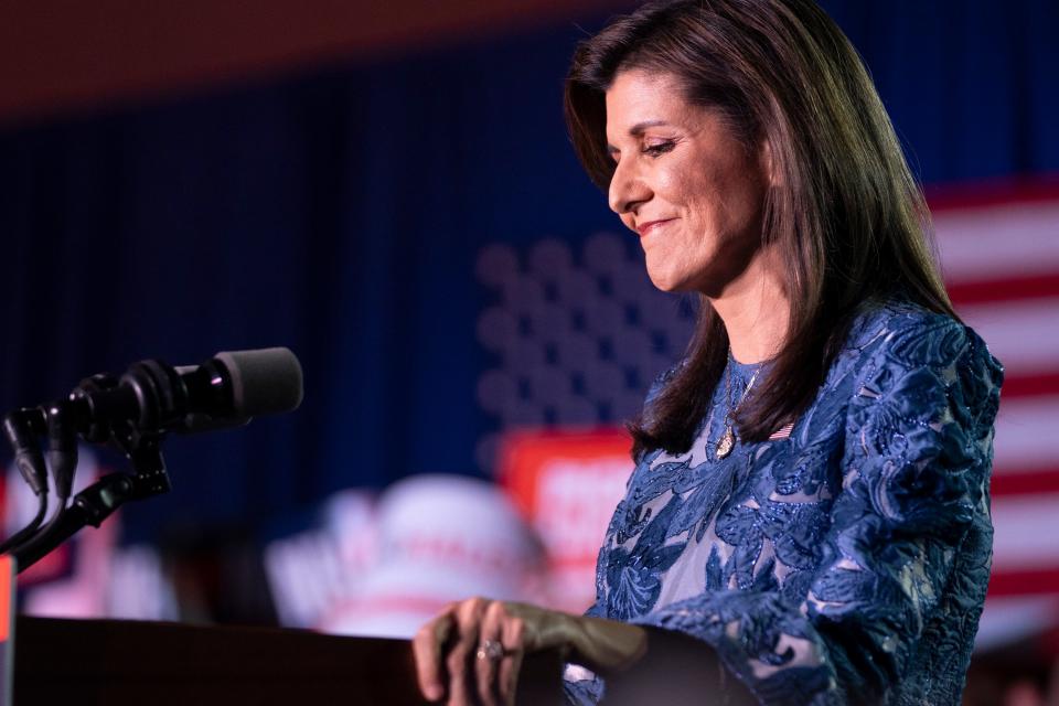 Republican presidential candidate Nikki Haley speaks at her New Hampshire presidential primary watch party at the Grappone Conference Center in Concord, NH, on Tuesday, January 23, 2024. Haley was unable to secure enough votes to take the state's delegates from former President Donald J. Trump.