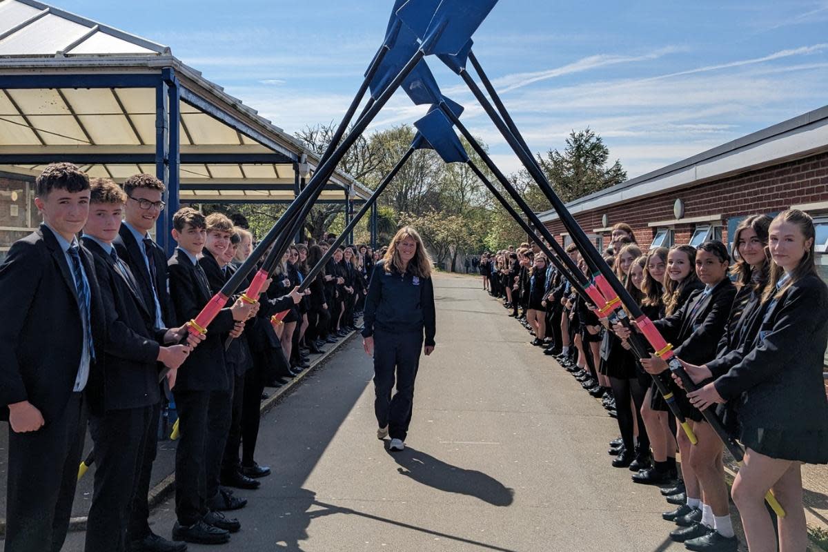 Guard of honour for retiring teacher Lesley Walters <i>(Image: The Bay CE School)</i>