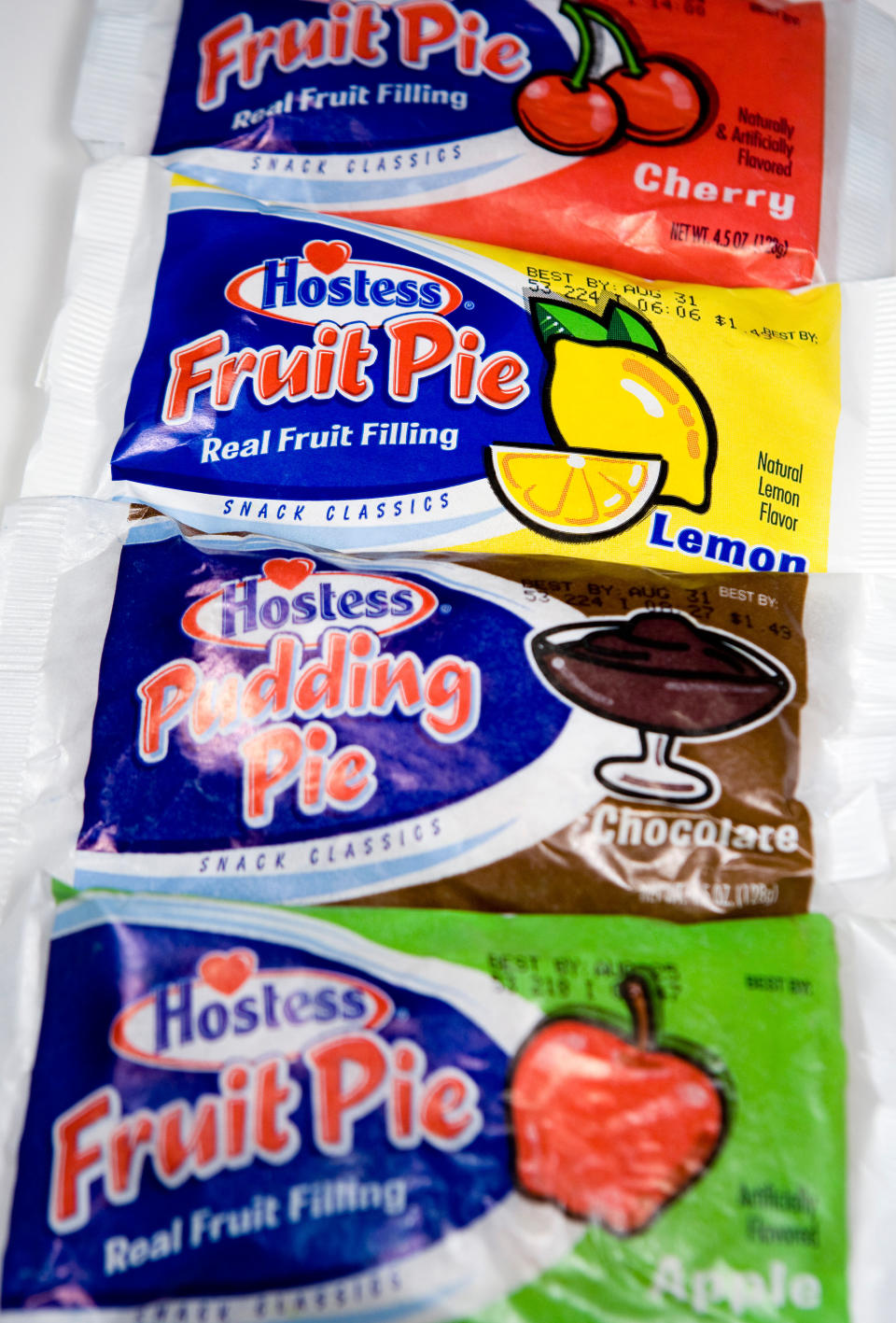 Various flavors of Hostess Pudding Pie and Fruit Pies with "Real Fruit Filling"