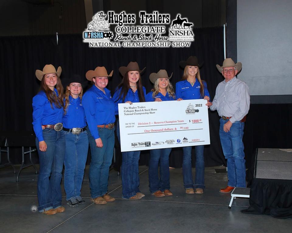 Members of the MTSU stock horse team earned the Hughes Ranch Traders National Intercollegiate Ranch and Stock Horse National Championship Reserve Champion national title recently in Amarillo, Texas. Jordan Martin, left, Louann Braunwalder, Jordan Dillenbeck, JoBeth Scarlett, Rachel Petree and Taylor Meek are shown with various individual and team awards they received.